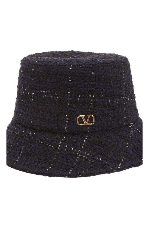 Shop Valentino Garavani Vlogo Signature Tweed Bucket Hat In Z0v Check Navy/oro