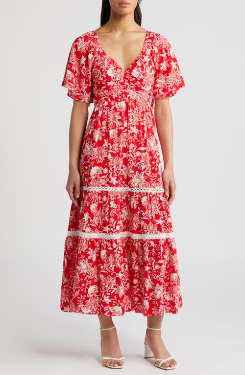 Adelyn Rae Floral Tiered Maxi Dress In Red Cream