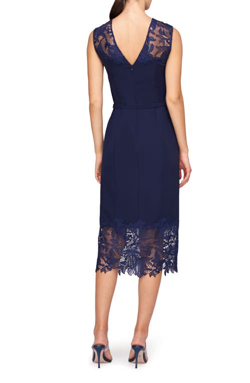 Shop Kay Unger Jamie Lace Trim Belted Midi Dress In Dark Twilight