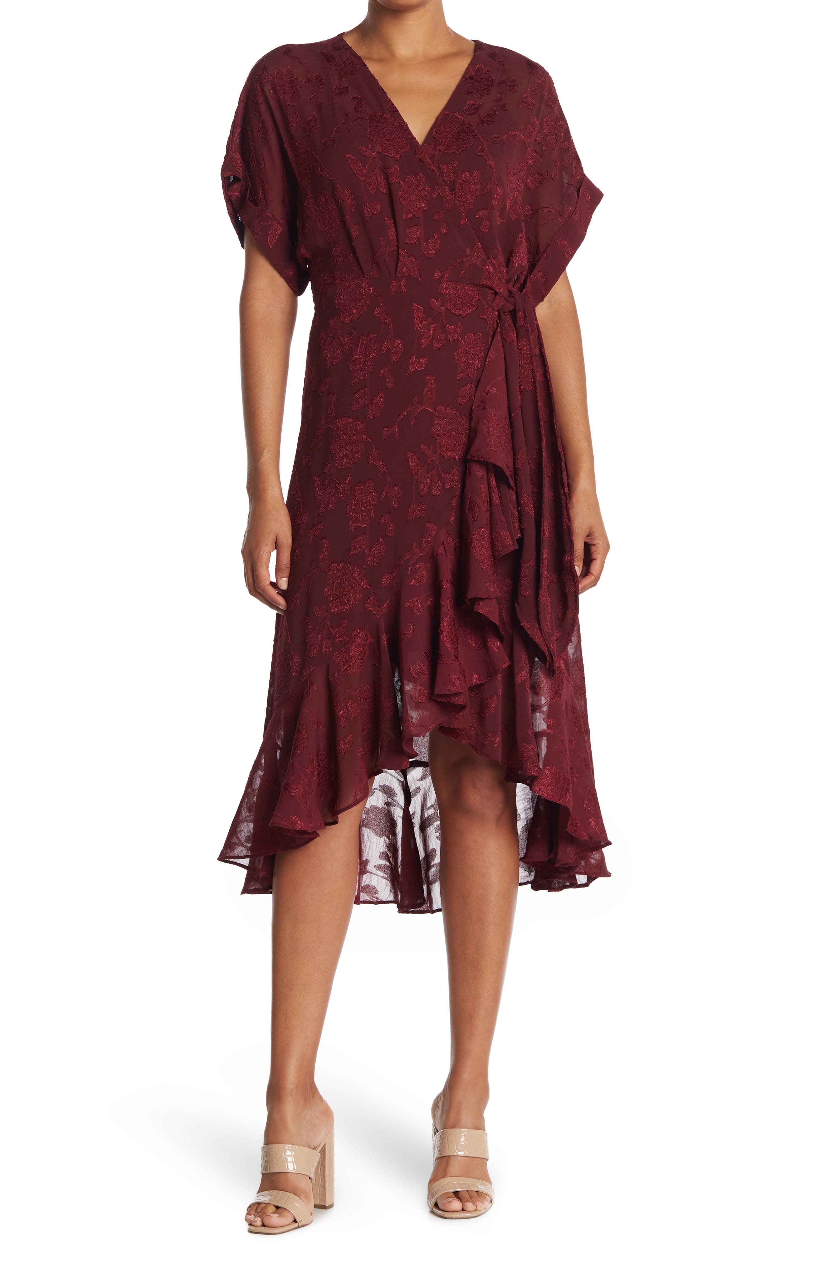 burgundy high low wrap dress