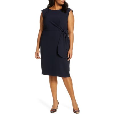 Plus Size Tahari Tie Waist Cap Sleeve Sheath Dress, Blue