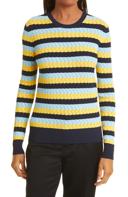 Stripe Pointelle Crewneck Sweater in Navy/Yellow/Harbor Blue