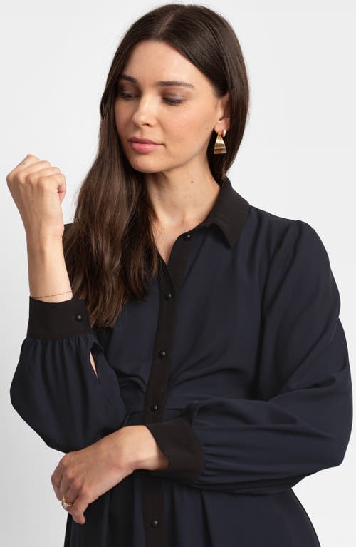 Shop Seraphine Pleated Waist Long Sleeve Maternity/nursing Shirtdress In Navy