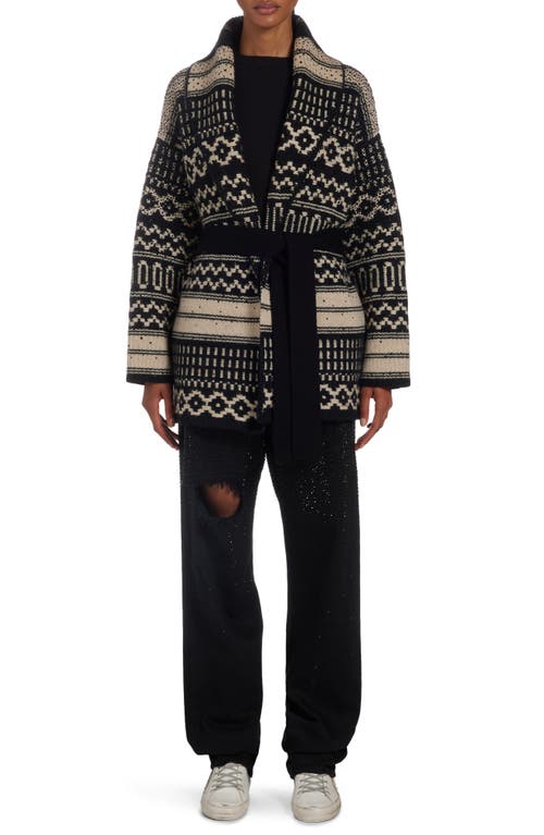 Shop Golden Goose Studded Nordic Jacquard Wool Wrap Cardigan In Black/ecru