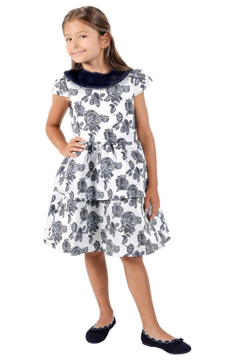 Kids' Floral Brocade Faux Fur Collar Dress (Toddler & Little Kid)