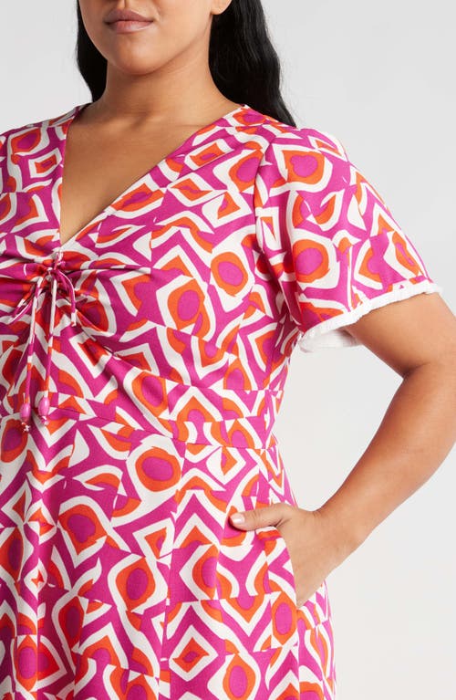Tahari Asl Geo Print Midi Dress In Wild Berry