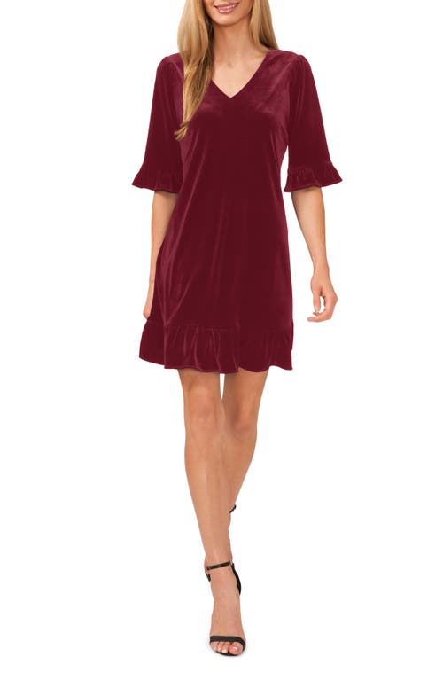 CeCe V Neck Elbow Sleeve Velvet Minidress in Majestic Wine 