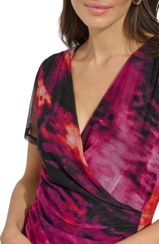 Shop Dkny Print Ruched Mesh Top In Shocking Pink Multi
