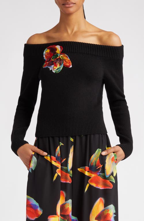 Alexander McQueen Off the Shoulder Wool & Cashmere Sweater in 1170 Black/Orange at Nordstrom, Size Large