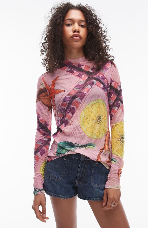 Shop Topshop Shell Print Long Sleeve Top In Pink Multi