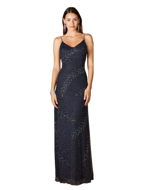 Lara New York Beaded Spaghetti Strap Navy Full-length Gown In Navy