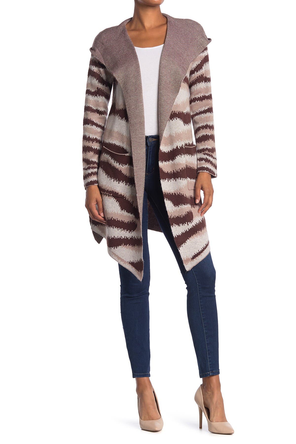 vertigo open front allover print cardigan