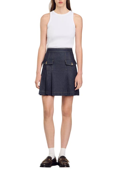 Shop Sandro Pleated Denim Skirt In Deep Blu