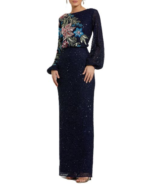 Mac Duggal Embellished Multi Color Floral High Neck Gown In Midnight