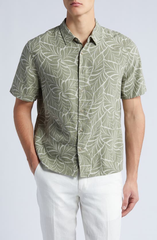 Shop Vince Knotted Leaves Linen Blend Short Sleeve Button-up Shirt In Dark Dried Cactus