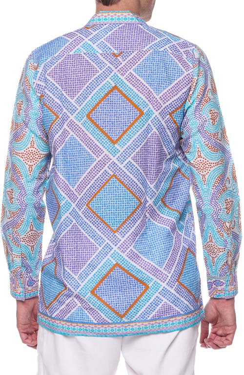 Ranee's Ranees Geometric Print Linen & Cotton Blend Button-up Shirt In Baby Blue