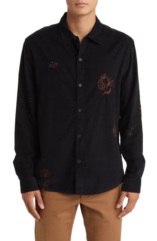 Trin Embroidered Corduroy Button-Up Shirt in Black Market Stitch