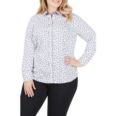 Plus Size Foxcroft Ava Bye Bye Birdie Cotton Sateen Shirt, White