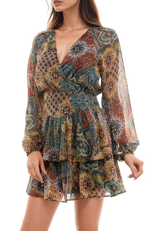 Shop Socialite Print Long Sleeve Ruffle Chiffon Minidress In Teal/rust