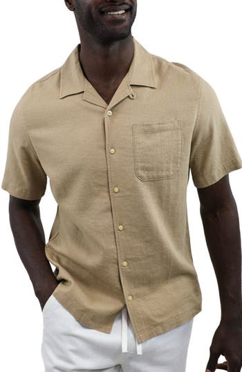 Jachs Suffolk Linen Blend Camp Shirt In Tan