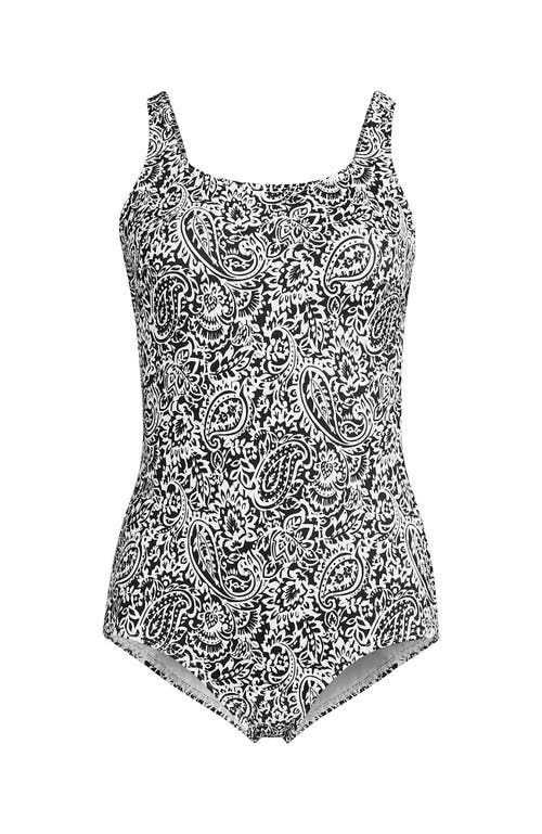 Shop Lands' End Scoop Neck Tugless Sporty One Piece Swimsuit In Black/white Decor Paisley