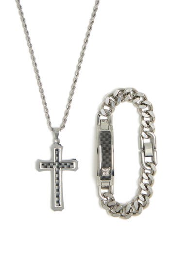 American Exchange Cross Pendant Necklace & Id Bracelet Set In Metallic