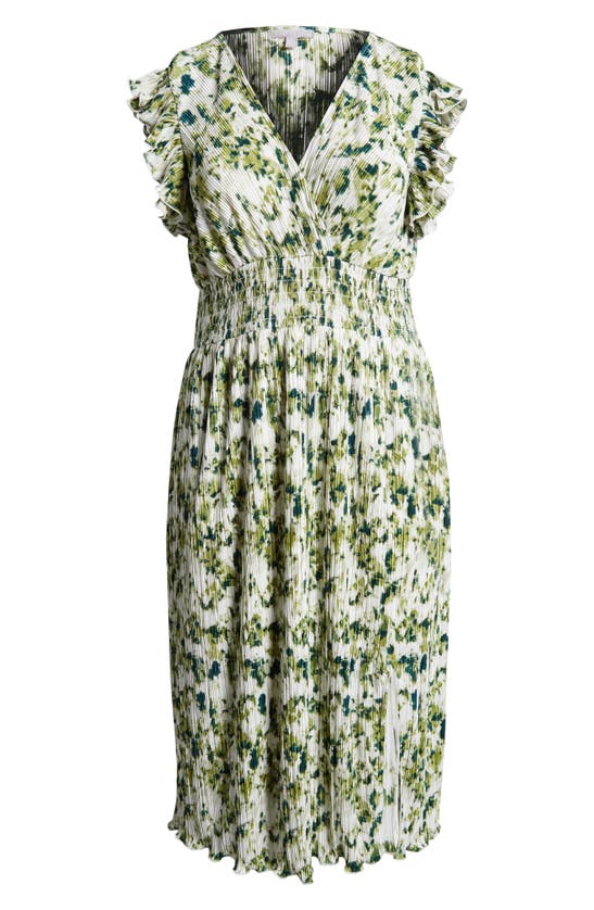 Shop Chelsea28 Flutter Plissé Midi Dress In Green- Ivory Artful Petals