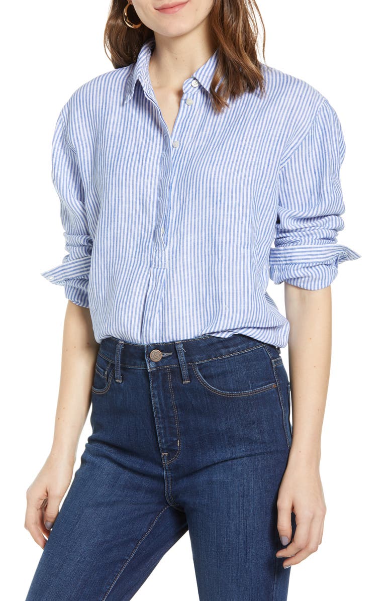 TREASURE & BOND Stripe Button Front Linen Tunic, Main, color, BLUE- WHITE STRIPE