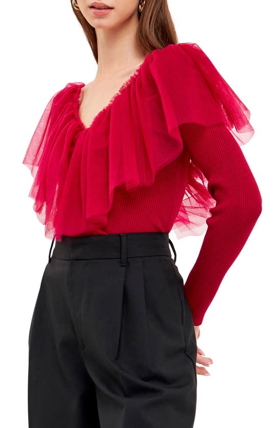 ENDLESS ROSE ENDLESS ROSE RUFFLE MESH MIXED MEDIA TOP