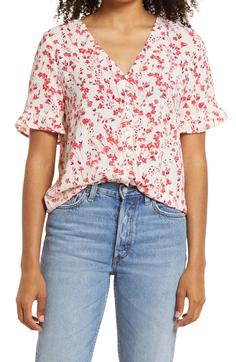 CECE Floral Ruffle Trim Blouse, Main, color, STORY