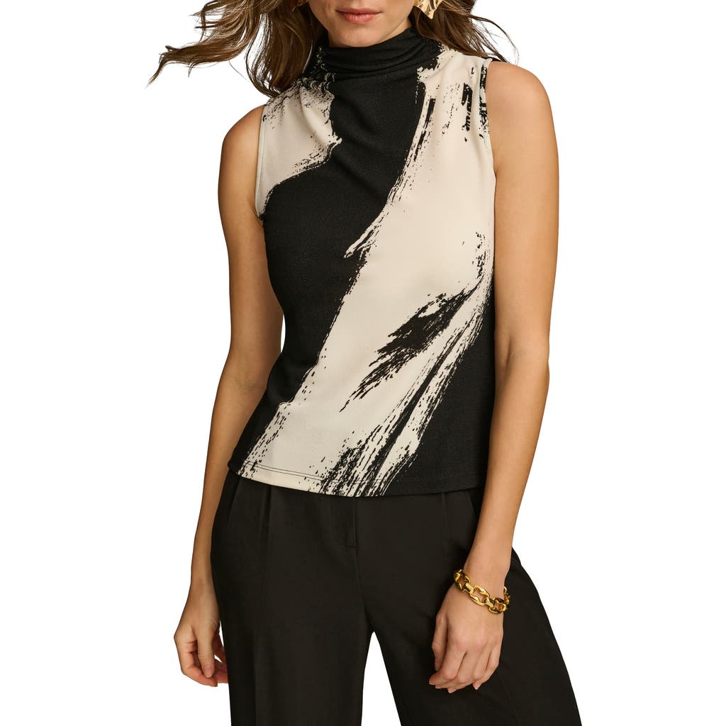 Donna Karan Abstract Print Sleeveless Funnel Neck Knit Top In Black Multi