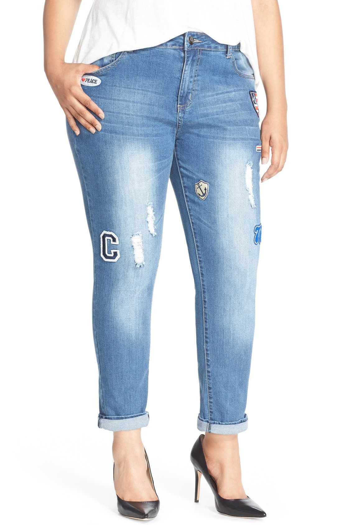 City Chic '80s Girl' Patch Detail Distressed Roll Cuff Jeans (Dark