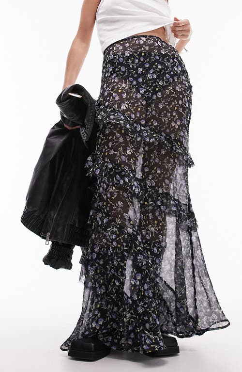 Floral Ruffle Sheer Maxi Skirt in Black Multi