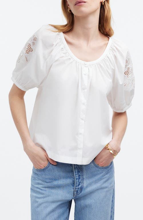 Emilina Puff Sleeve Cotton Button-Up Shirt in Eyelet White