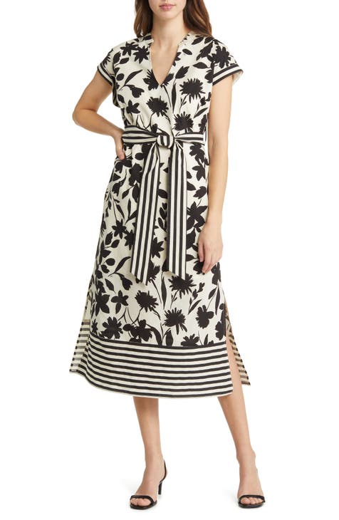 Floral & Stripe Tie-Waist Stretch Cotton Midi Dress