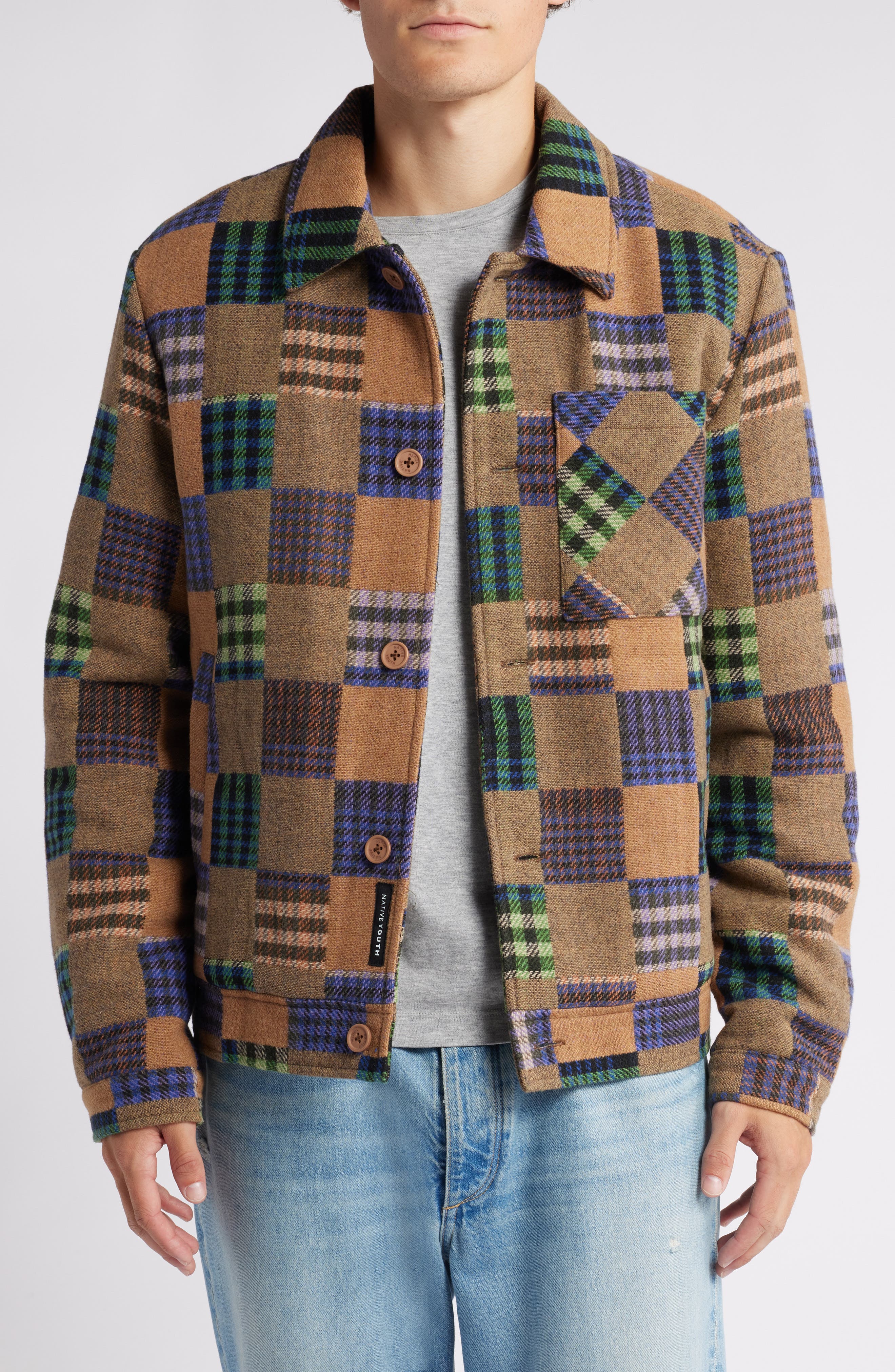 Native Youth Patchwork Button-Up Jacket in Brown Check 