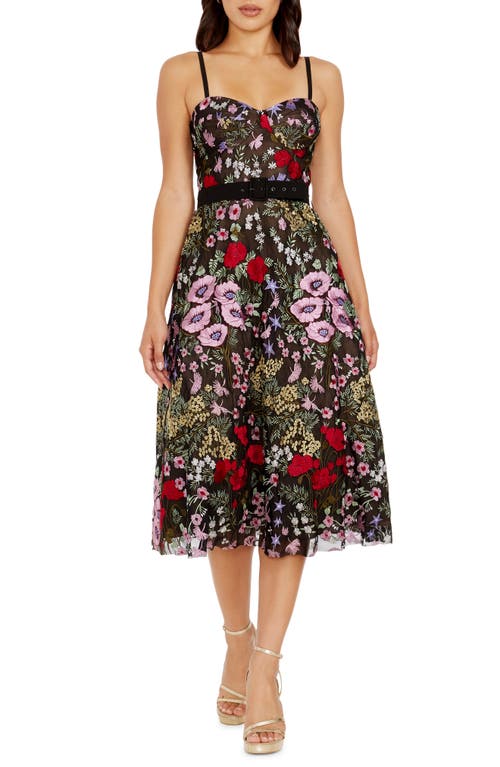 Dress the Population Carlita Floral Embroidery Bustier Midi Black Rouge Multi at Nordstrom,