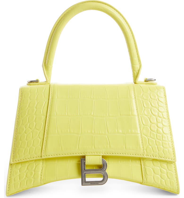 BALENCIAGA Small Hourglass Croc Embossed Leather Top Handle Bag, Main, color, LIGHT YELLOW