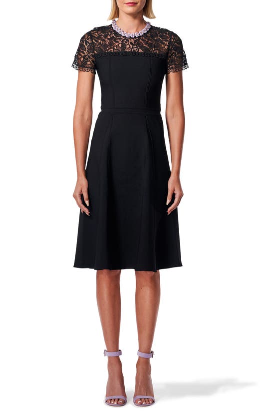 Shop Carolina Herrera Lace Yoke Knit Fit & Flare Dress In Black