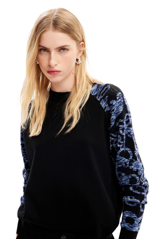 Shop Desigual Floral Sleeve Crewneck Sweater In Black