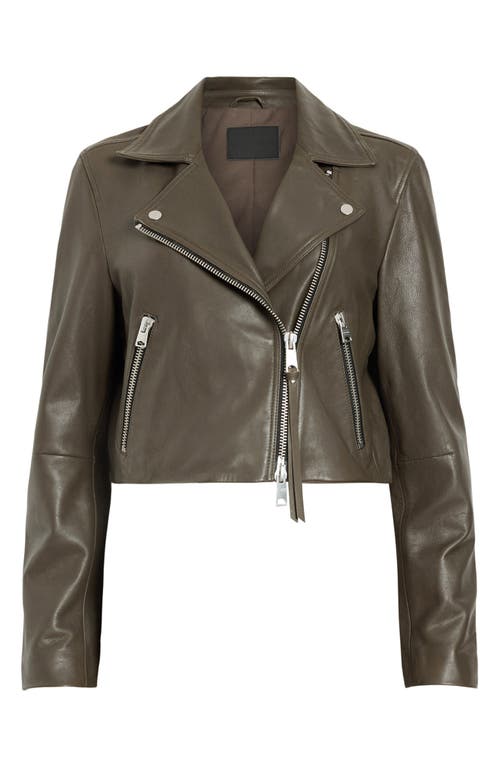 Shop Allsaints Dalby Crop Leather Biker Jacket In Tarmac Green