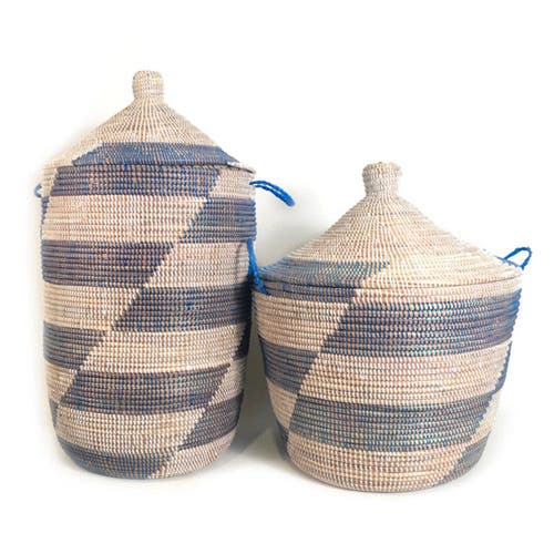 Mbare Dou Lid Storage Basket Stripe Blue Medium Storage In Blue