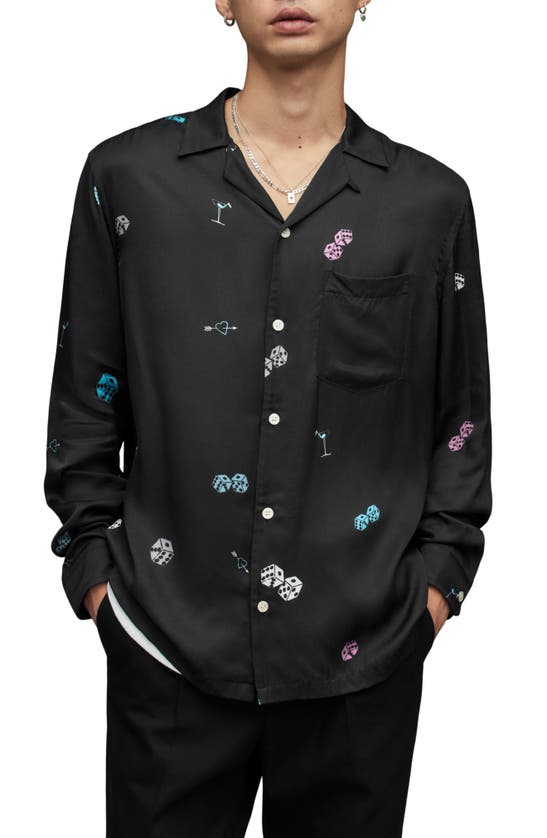 Allsaints Tombstone Casino Print Long Sleeve Shirt In Jet Black