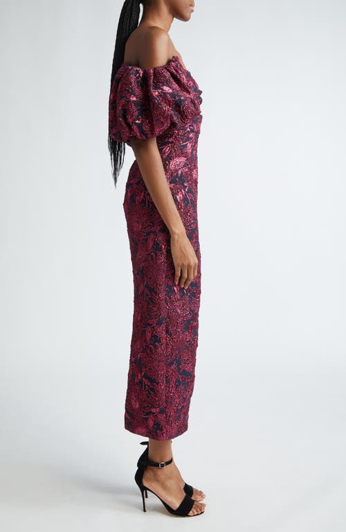 Shop Lela Rose Sunflower Off The Shoulder Puff Sleeve Brocade Gown In Navy/pink