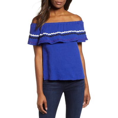 Petite Gibson X Hi Sugarplum! Santa Fe Rickrack Off The Shoulder Top, Blue (Regular & Petite) (Nordstrom Exclusive)