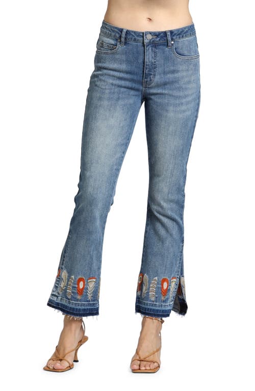 Shop Apny Feather Embroidered Release Hem Mid Rise Flare Jeans In Medium Indigo