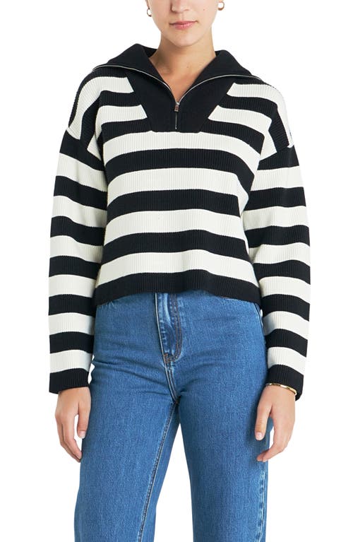 English Factory Stripe Half Zip Crop Sweater In Black/ Ivory