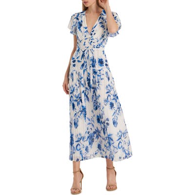 Ml Monique Lhuillier Floral Pleated Tea Length Dress, Blue