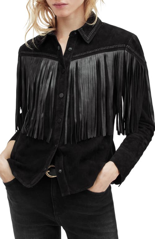 AllSaints Cleo Western Leather Fringe Suede Shirt Jacket Black at Nordstrom, Us