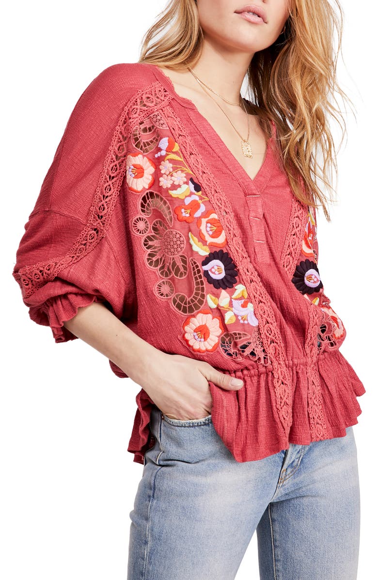  Serafina Embroidered Floral & Crochet Top, Main, color, WINE